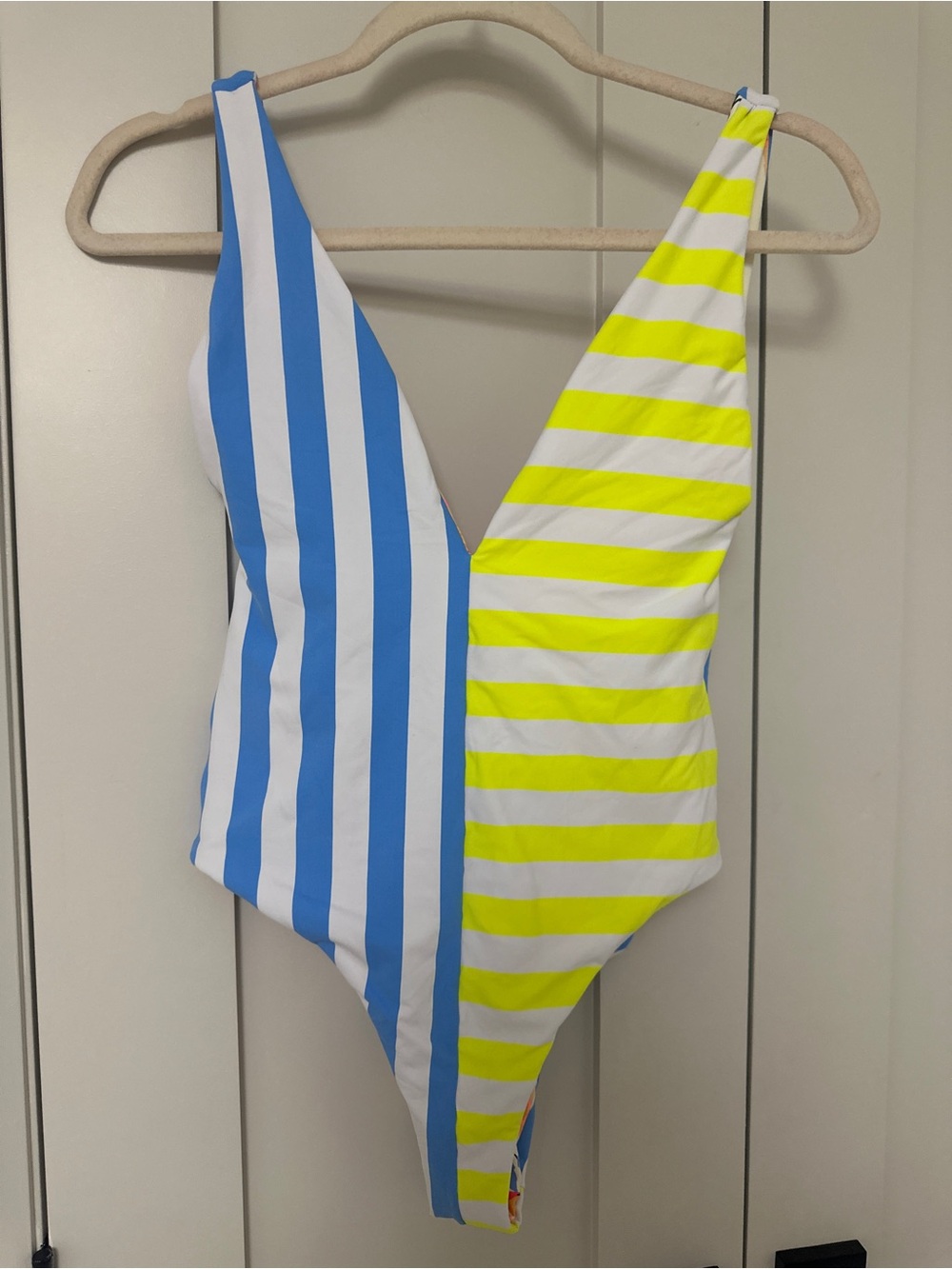 Maaji Blue & Neon Yellow Striped V-Neck One-Piece